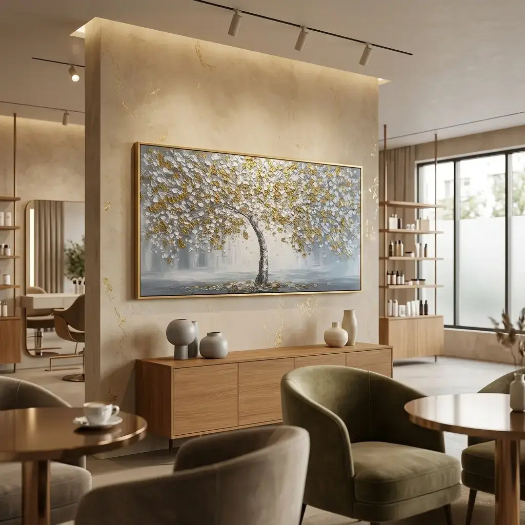Modern living room with a large abstract painting on the wall, wooden sideboard, and comfortable chairs.