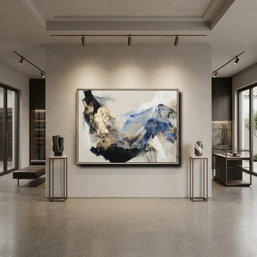 Abstract painting in a modern interior setting with light-colored walls and neutral decor.