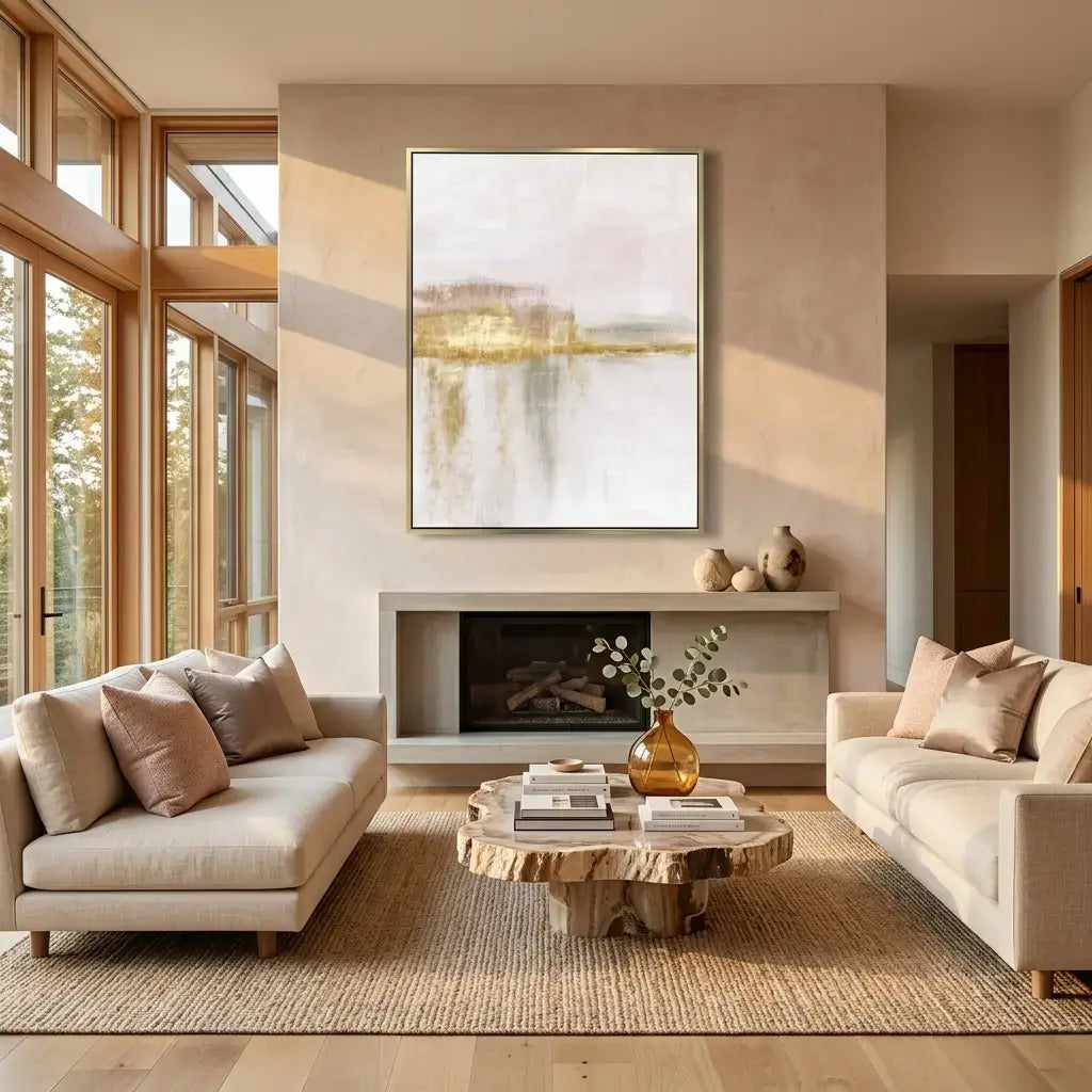 Modern living room with beige sofas, a wooden coffee table, and a fireplace.