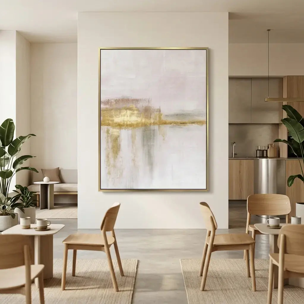 Modern dining area with abstract art on the wall, wooden chairs, and a kitchen in the background.