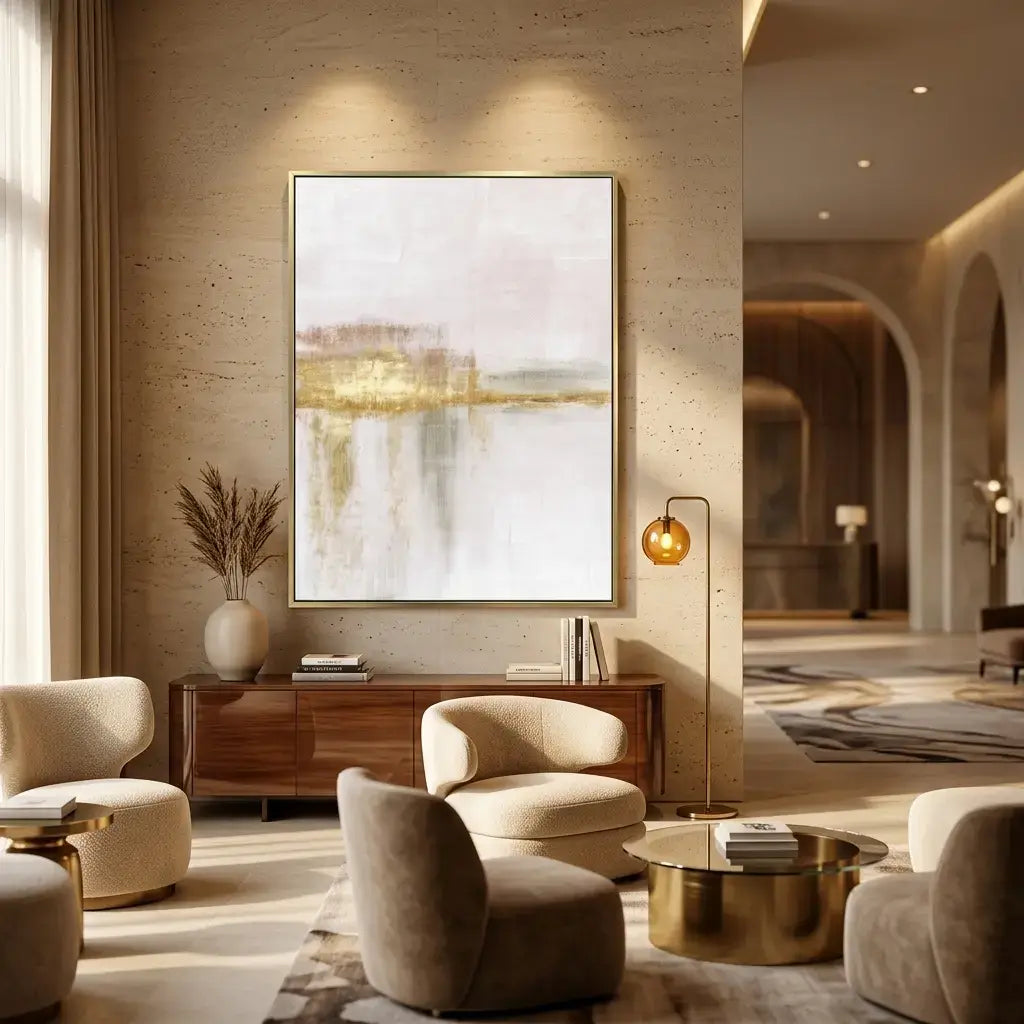 Modern living room with beige chairs, a gold coffee table, and abstract art on the wall.