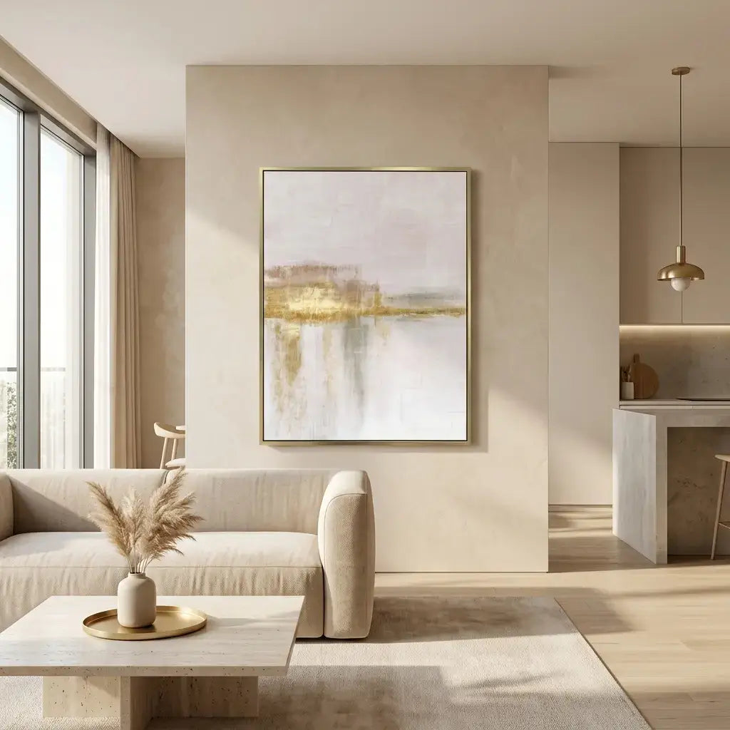 Modern living room with neutral tones, a sofa, coffee table, and abstract painting on the wall.
