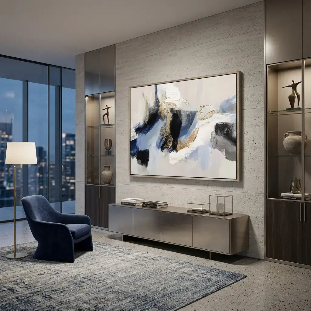 Modern living room with abstract art, armchair, and cityscape view