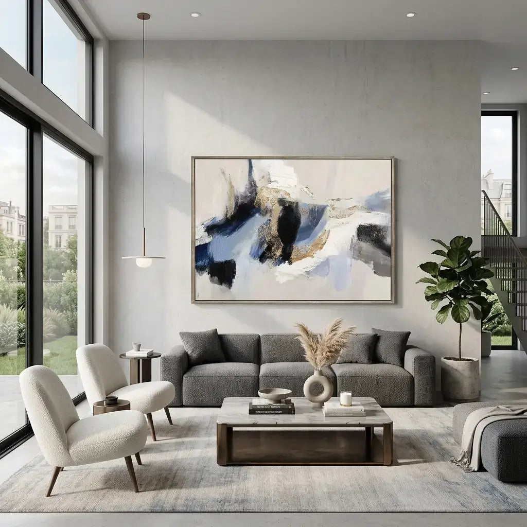 Modern living room with gray sofa, abstract painting, and decorative elements.