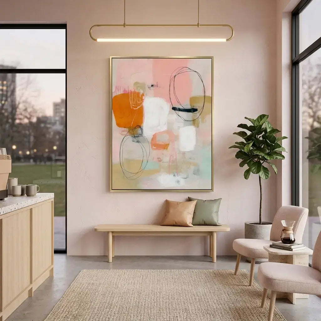 Modern living room with abstract art, bench, and decor