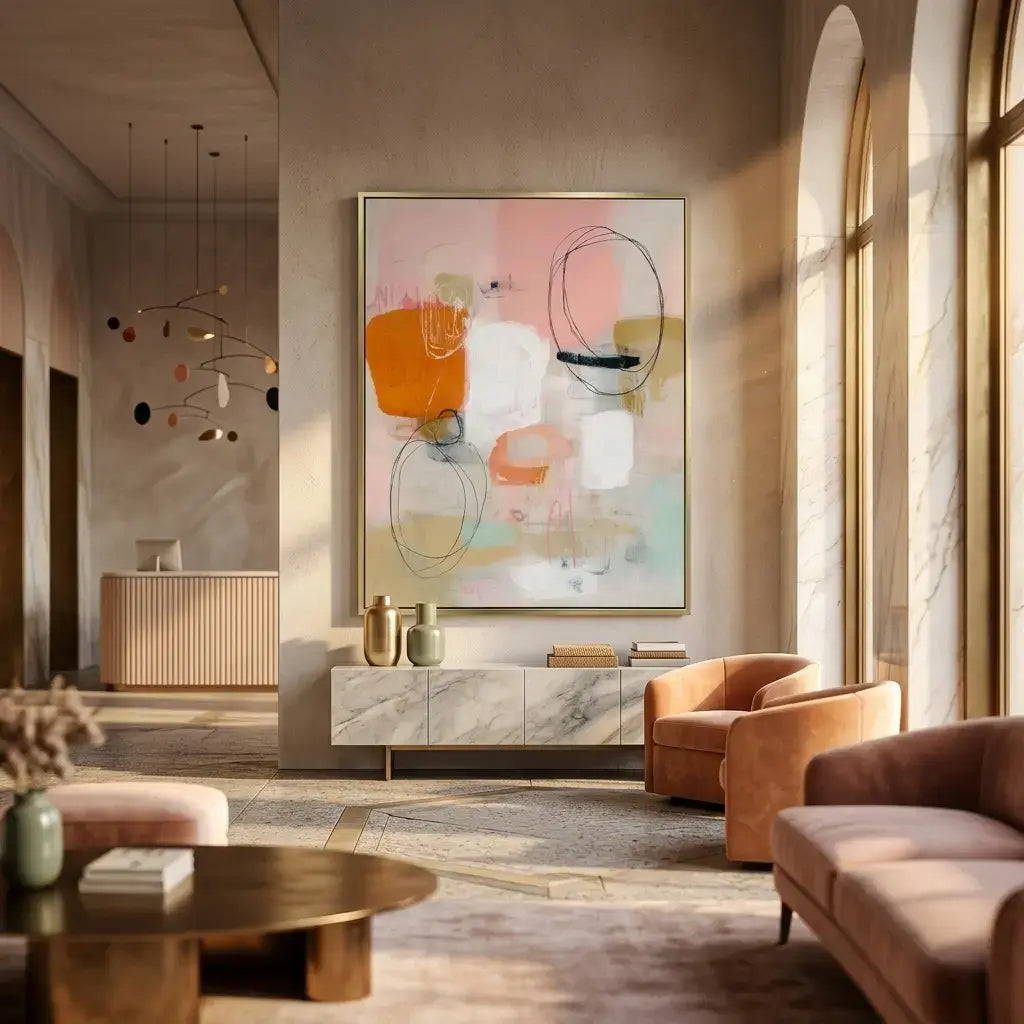 Modern living room with abstract art, furniture, and decor.