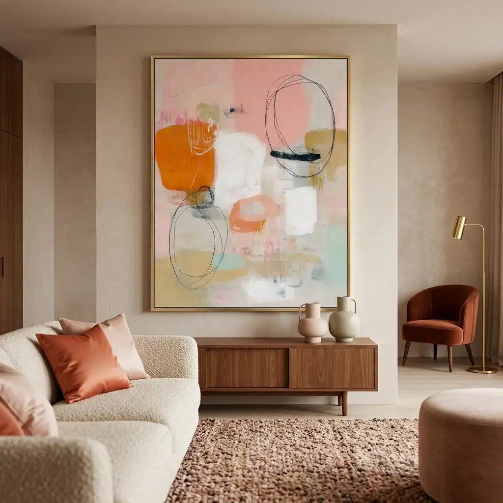 Modern living room with abstract art, sofa, and coffee table.