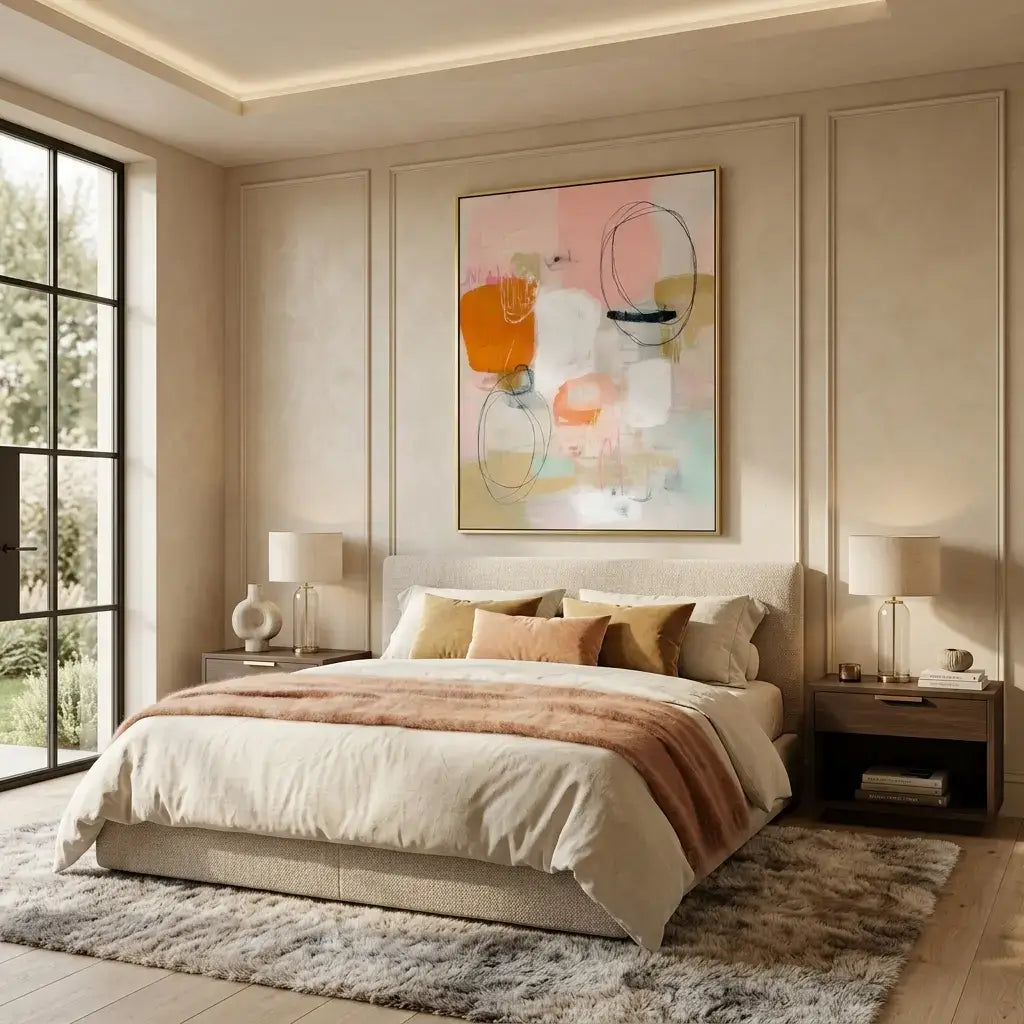 Modern bedroom with a bed, abstract art on the wall, and side tables.