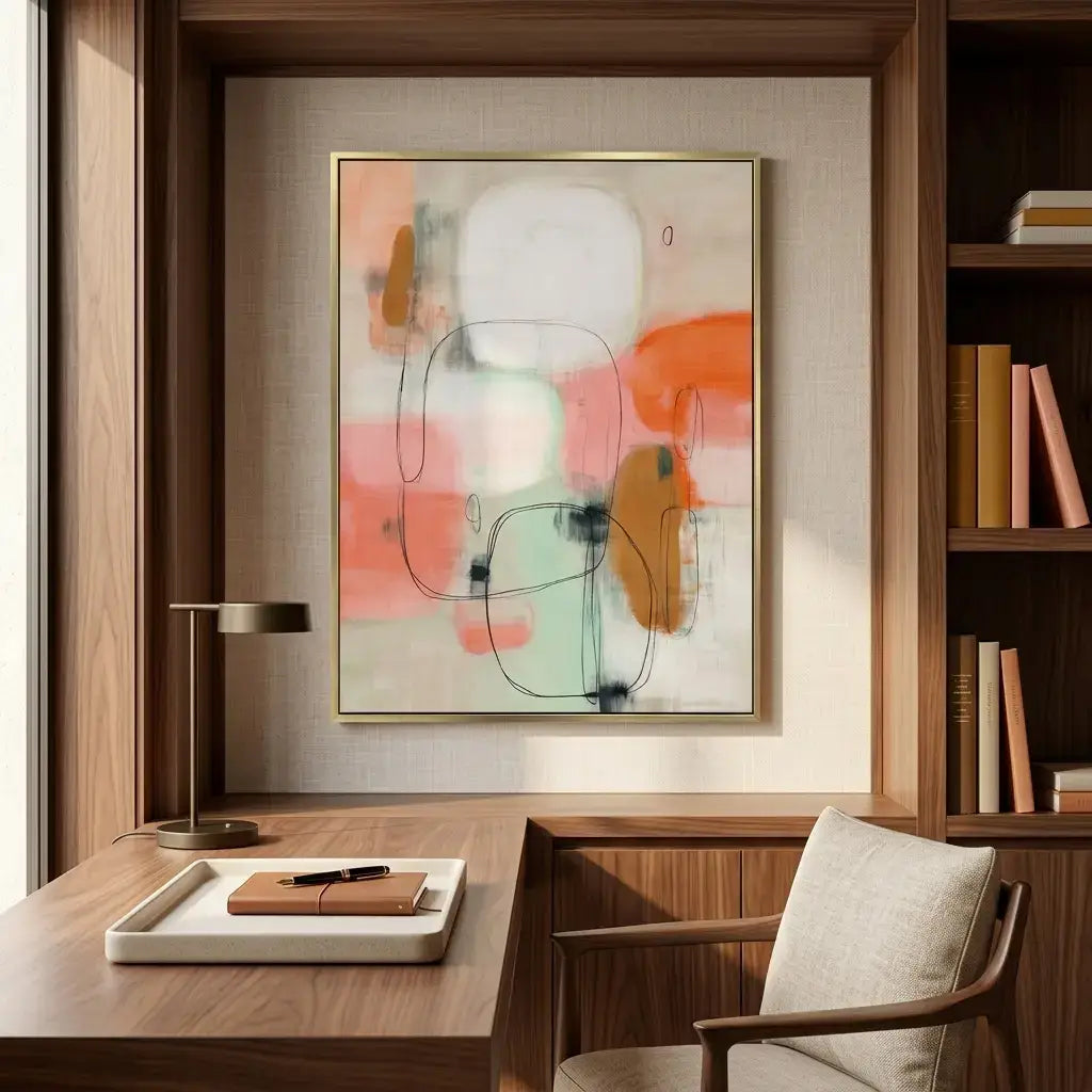 Modern office interior with abstract art, desk, chair, and bookshelf.