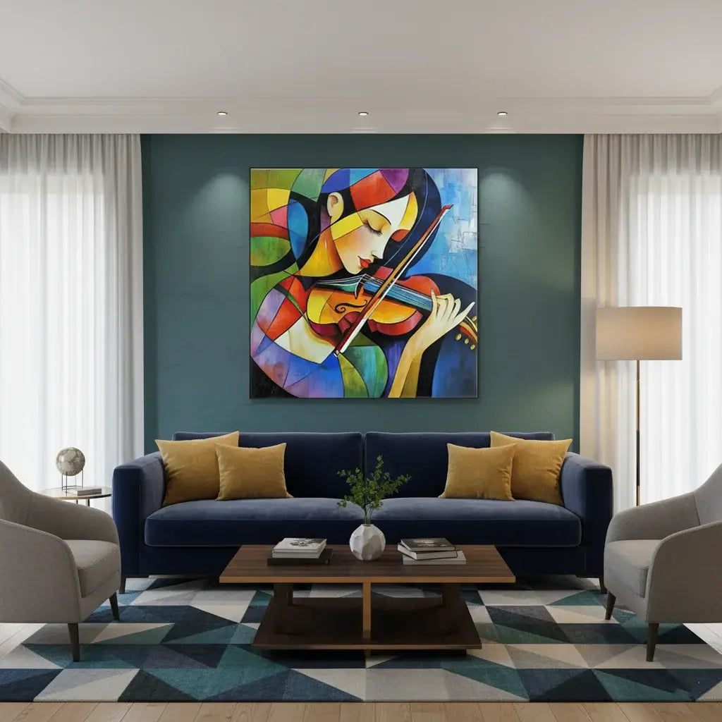 Living room with a colorful painting of a woman playing the violin on the wall.