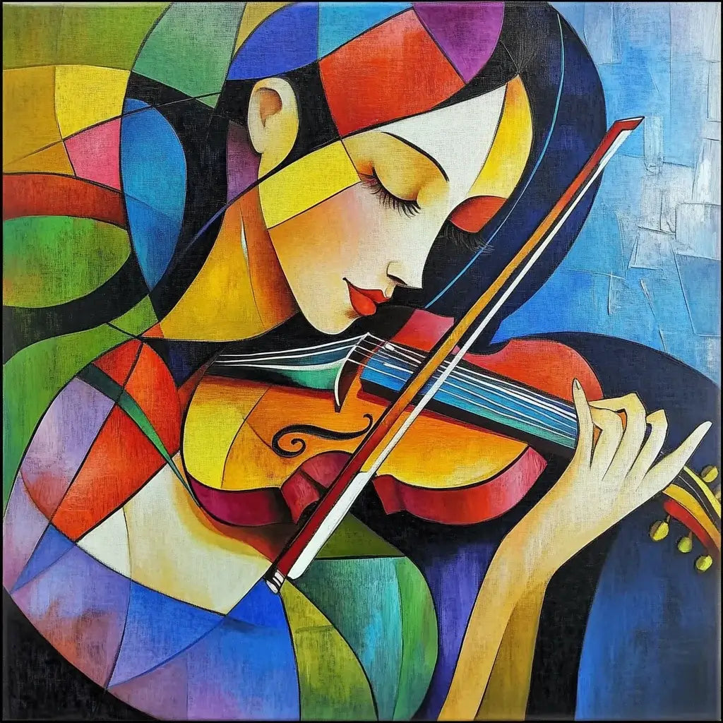 Abstract painting of a woman playing a violin with vibrant colors.