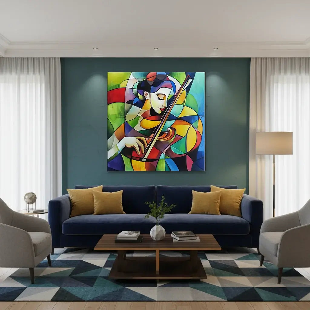 Modern living room with a colorful abstract painting on the wall.