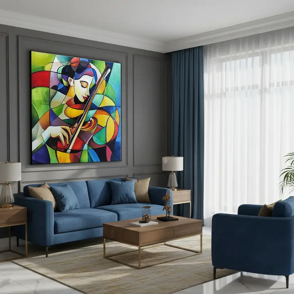 Modern living room with blue sofa, colorful abstract painting, and wooden coffee table.