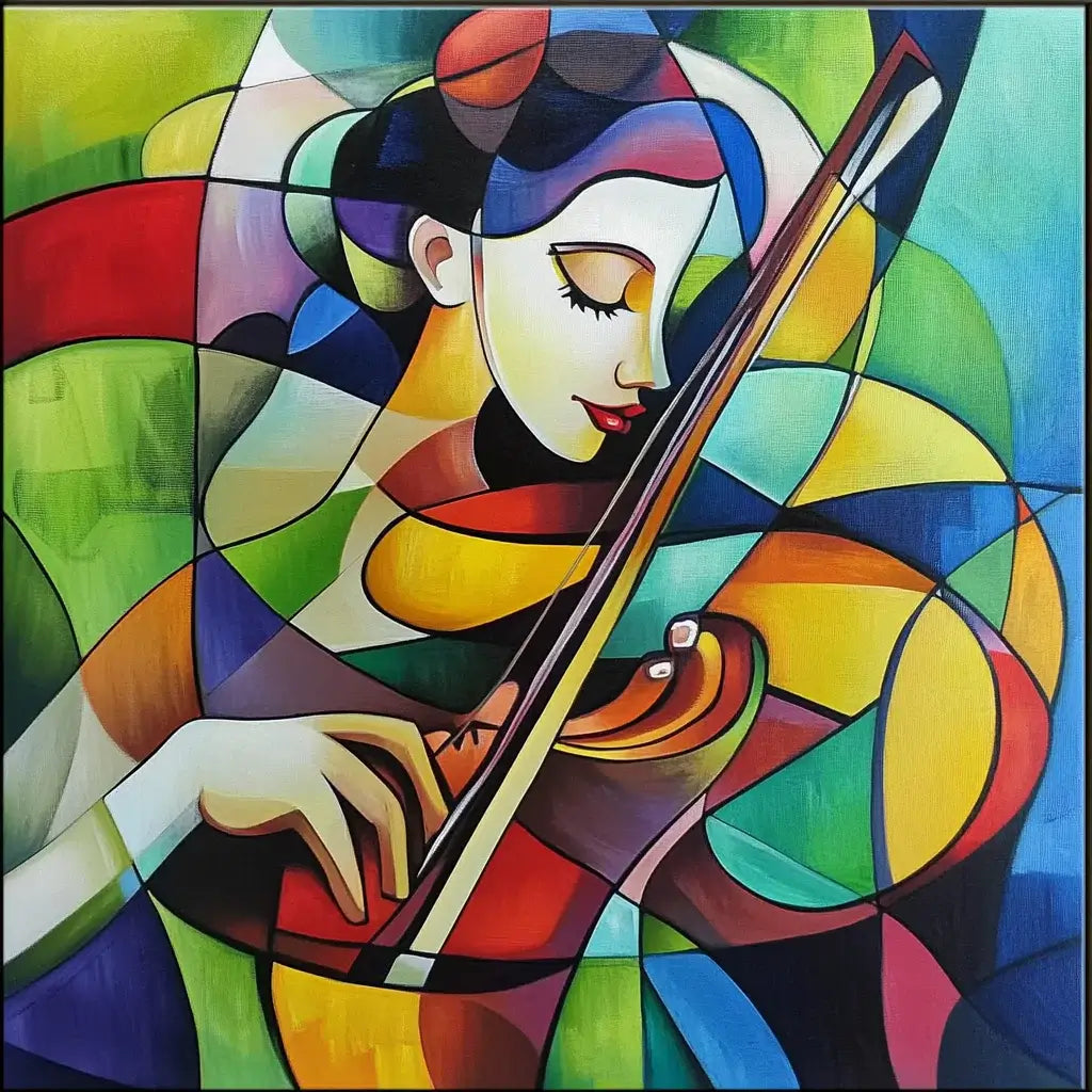 Colorful abstract painting of a woman playing the violin