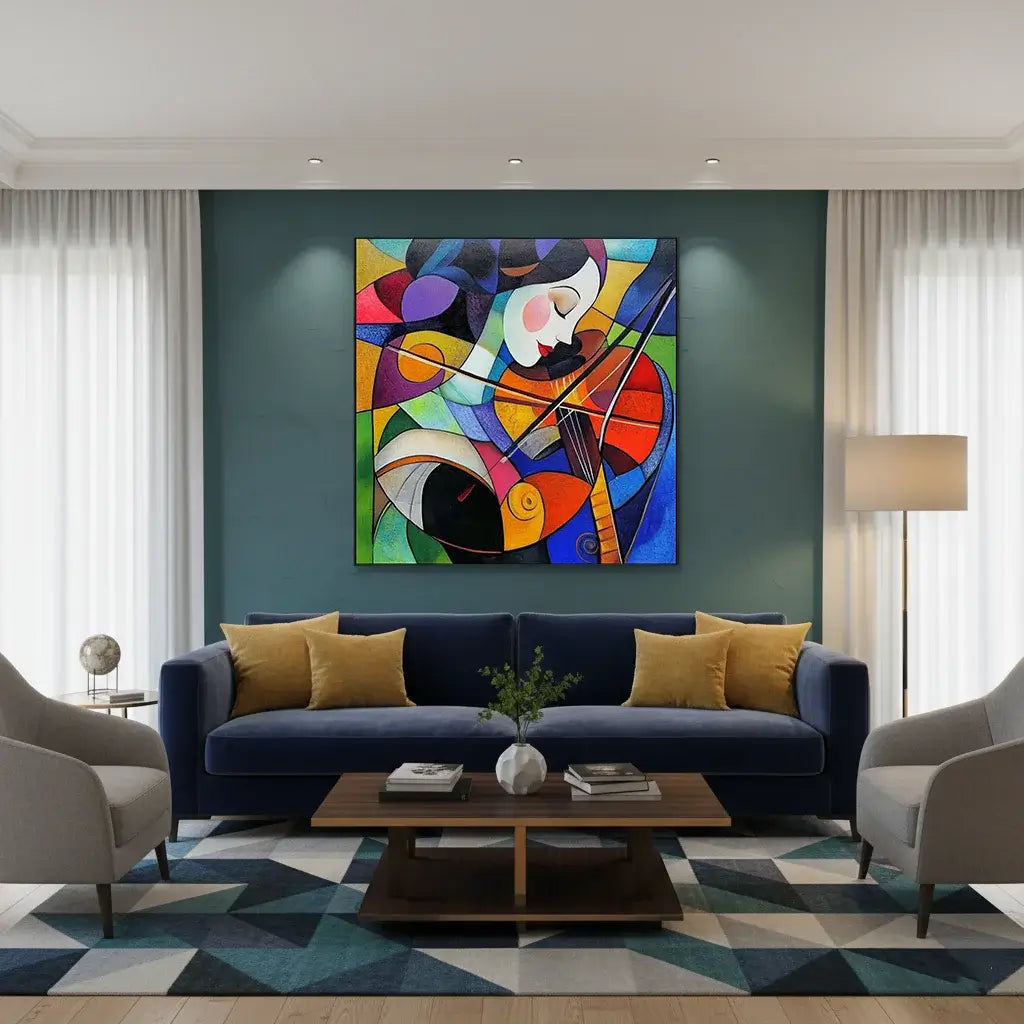 Modern living room with a colorful abstract painting on the wall.