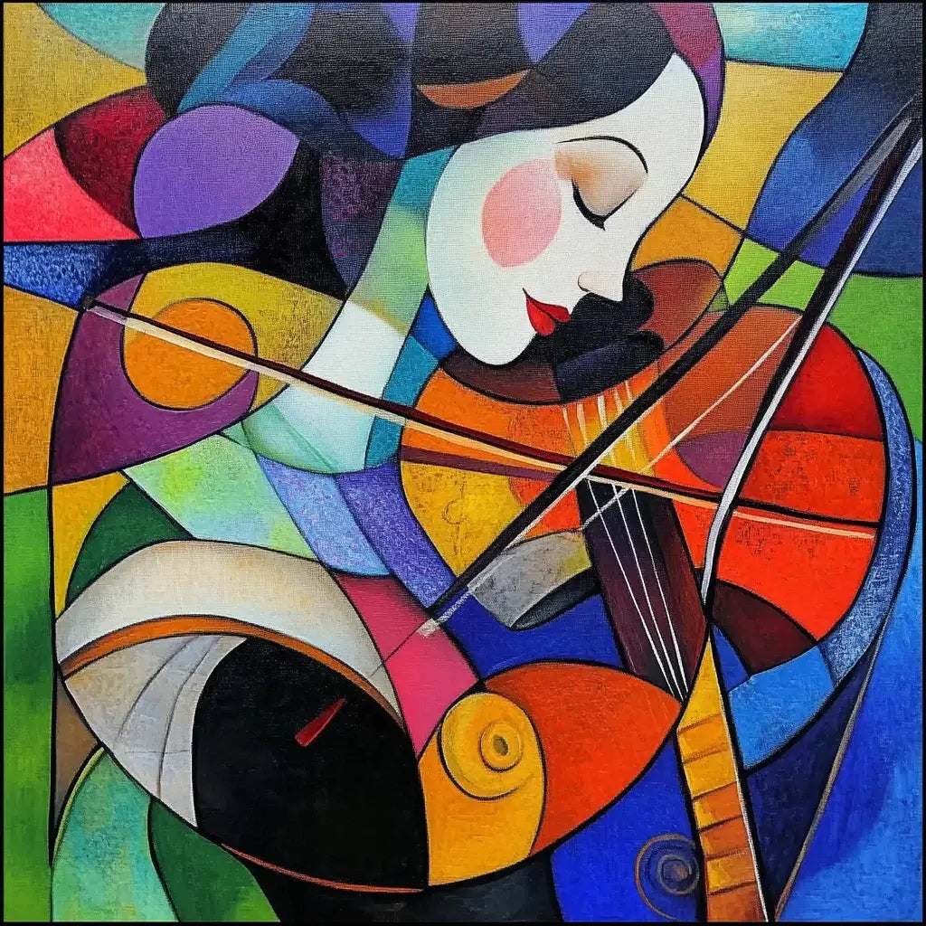 Colorful abstract artwork of a person playing a violin