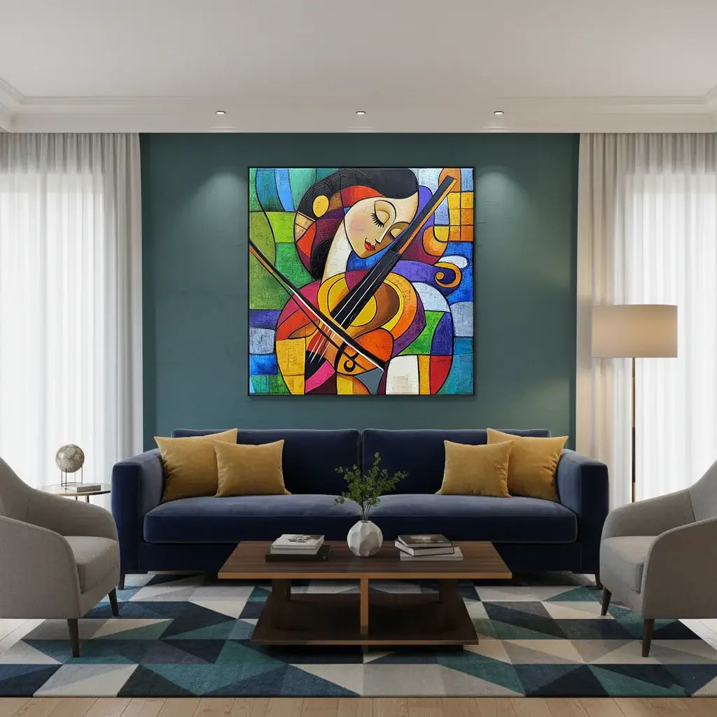 Living room with a colorful abstract painting of a woman playing a violin on a green wall.