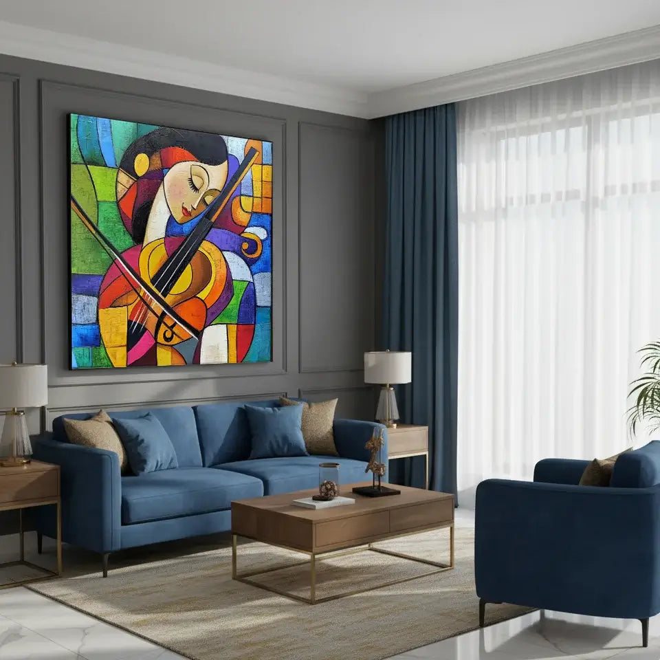 Modern living room with blue sofa, armchair, wooden coffee table, and an artwork on the wall.