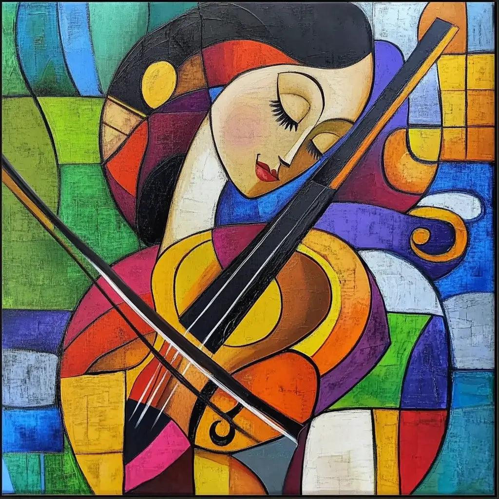 Abstract artwork of a woman playing a violin with vibrant colors