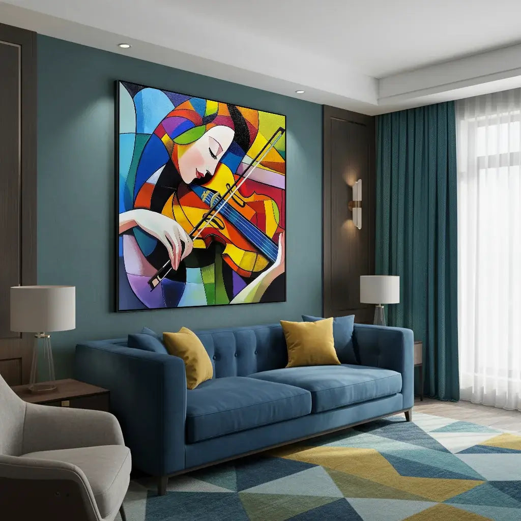 Modern living room with a colorful abstract painting of a woman playing a violin on the wall.