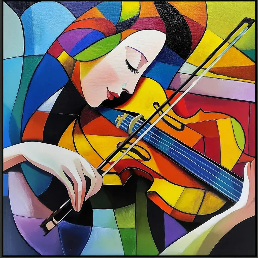 Colorful abstract painting of a woman playing a violin