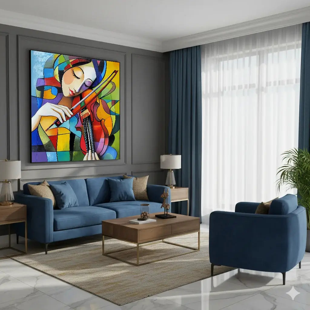 Modern living room with blue sofa, colorful abstract painting, and wooden coffee table.