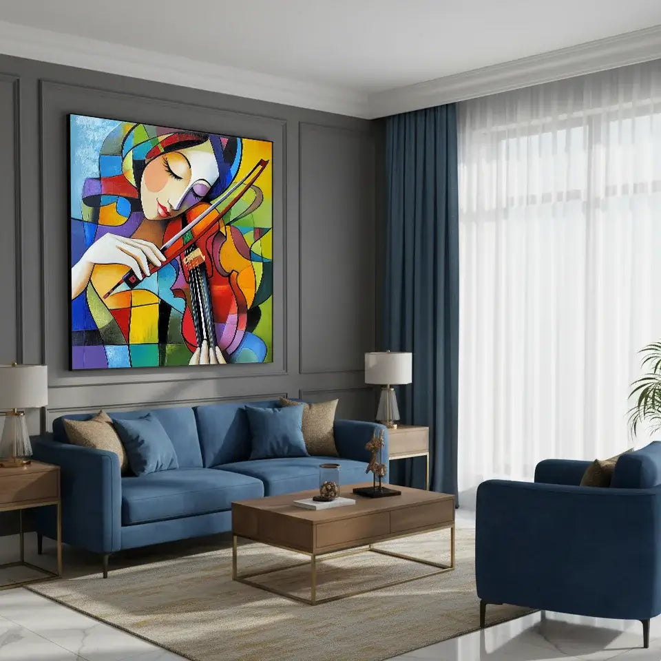Modern living room with blue sofa, colorful abstract painting, and wooden coffee table.