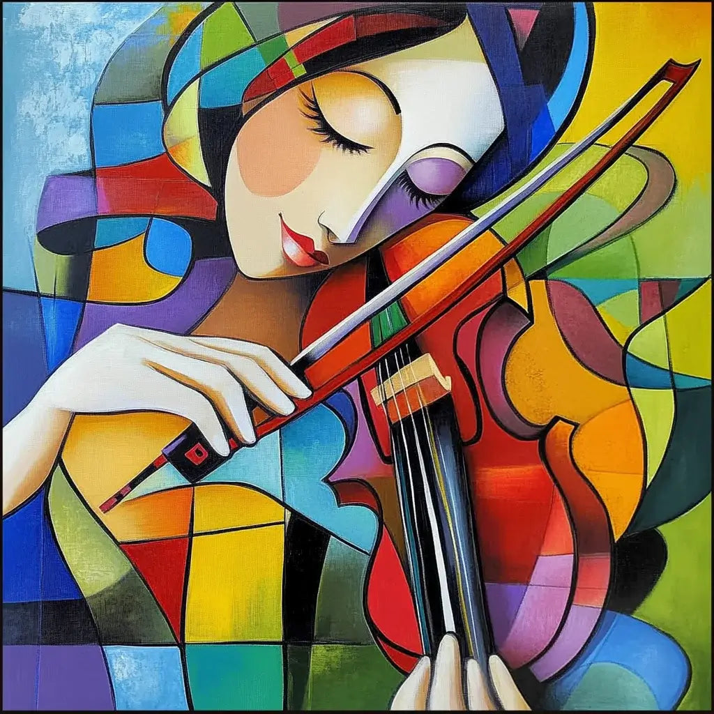 Colorful abstract painting of a woman playing a violin