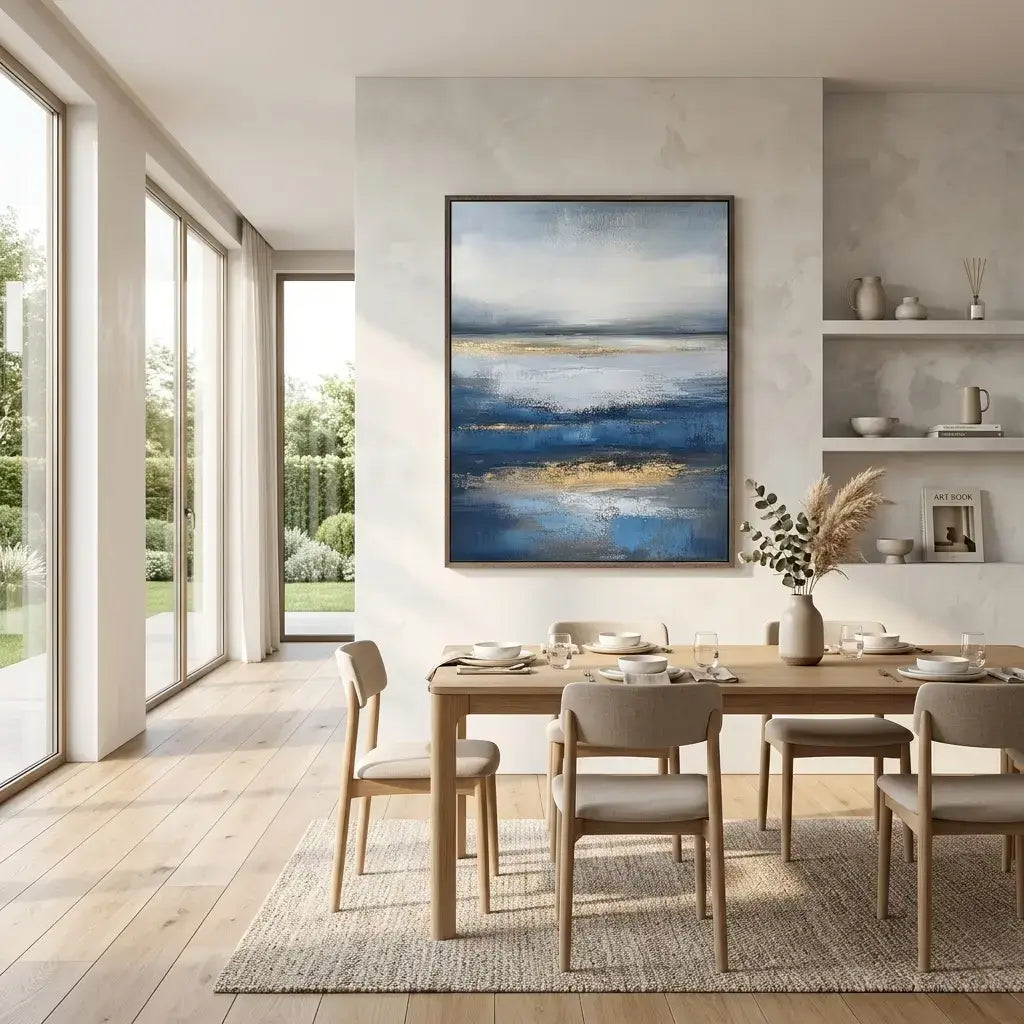 Modern dining room with a large abstract painting on the wall.