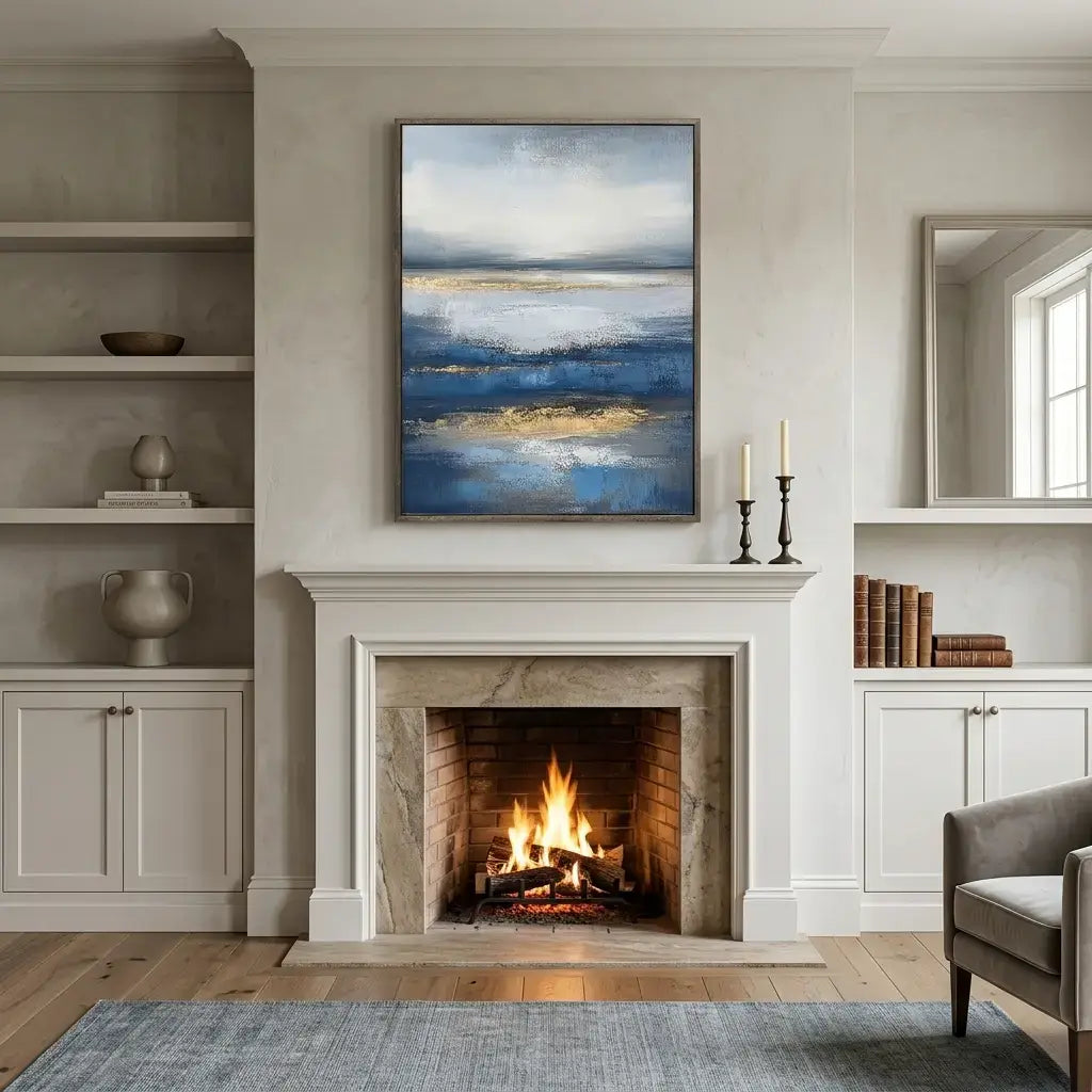 Living room with a fireplace, abstract painting above it, and a gray armchair.
