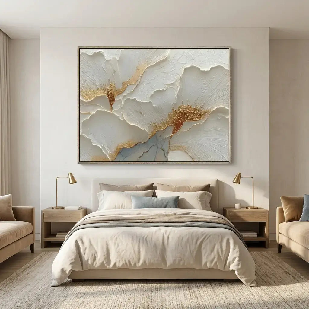 Modern bedroom with abstract wall art, bed, and side tables.