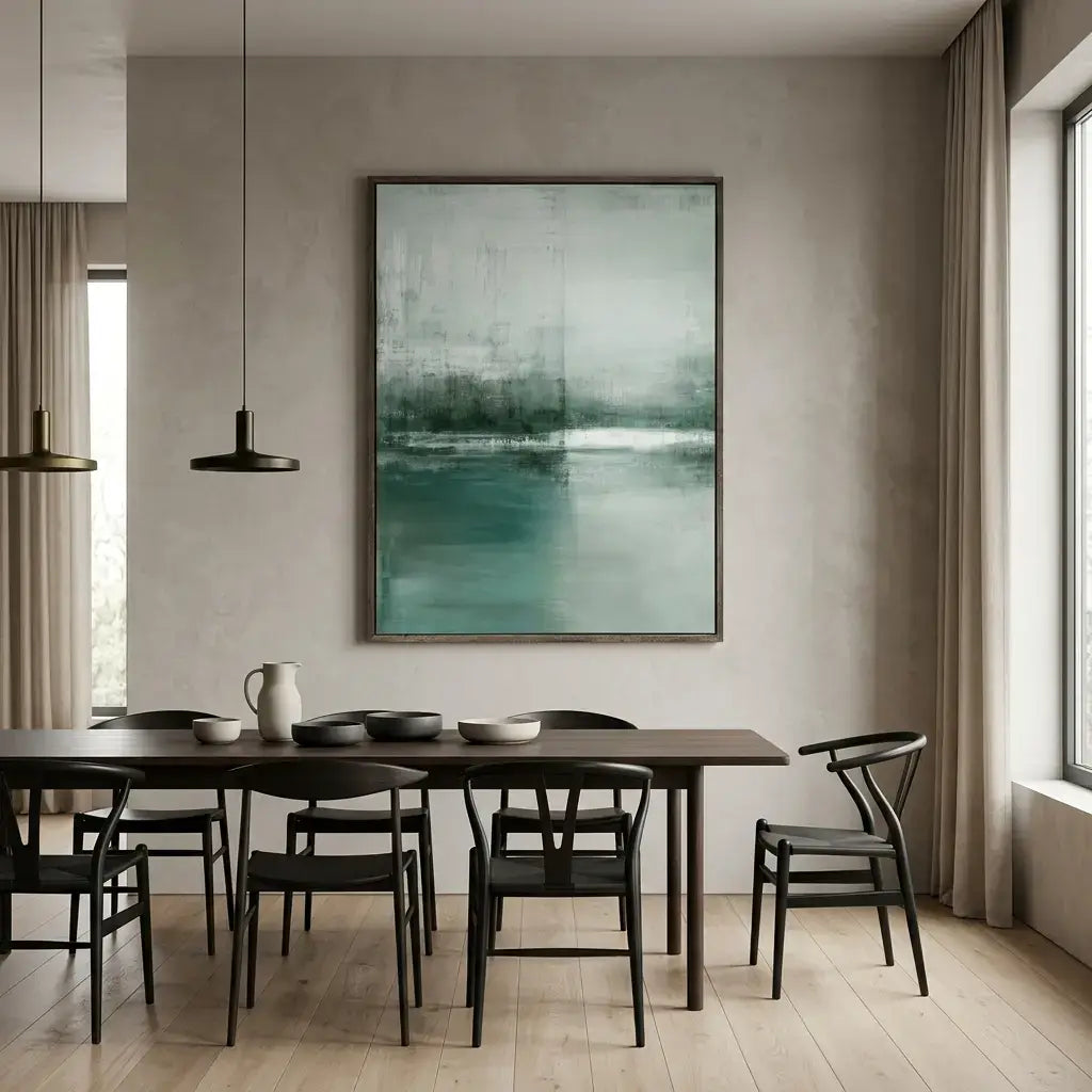 Modern dining room with a long table and chairs, abstract painting on the wall, and large windows.