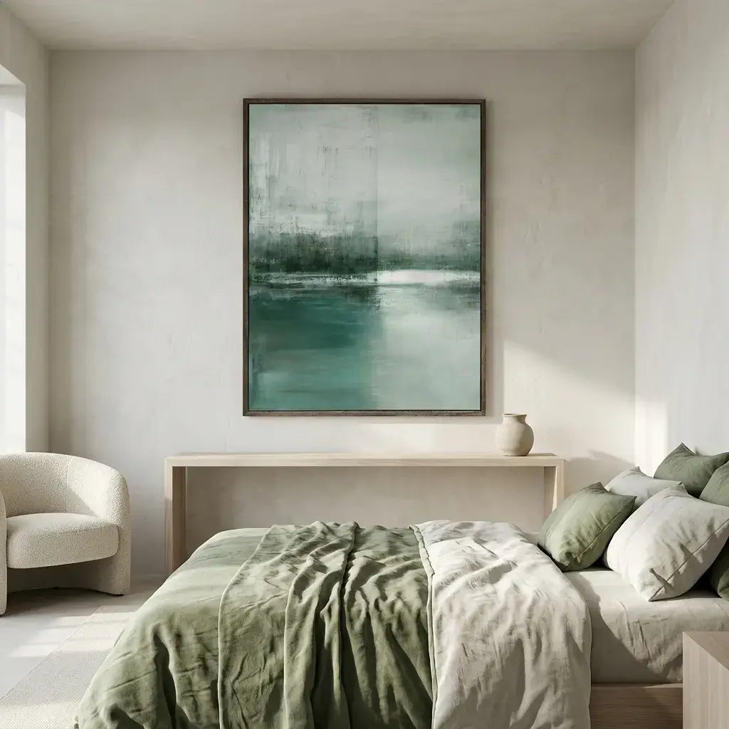Modern bedroom with abstract painting on the wall, bed with green and beige bedding, and armchair.
