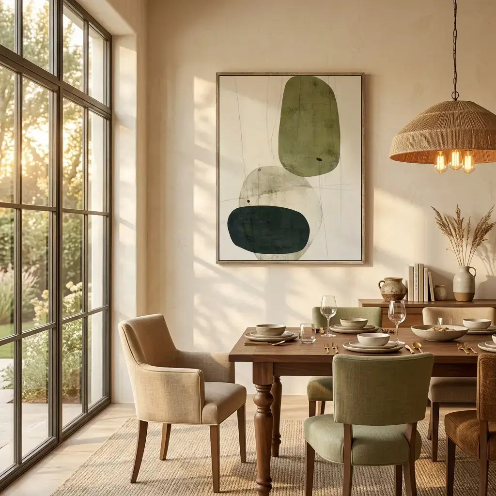 Dining room with wooden table, chairs, and abstract art on the wall.