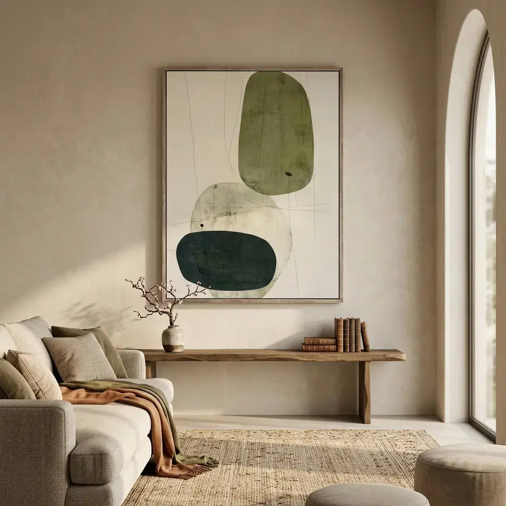 Living room with a beige sofa, abstract art, and a wooden bench.