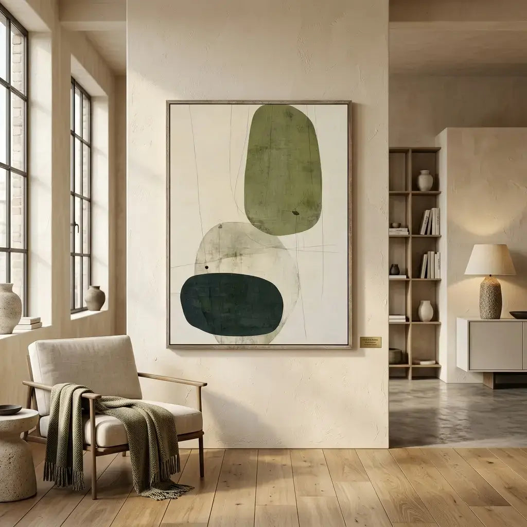 Modern interior with abstract art on the wall, chair, and bookshelf.