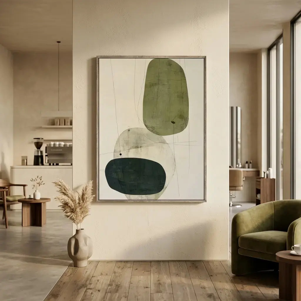 Modern living room with abstract art on the wall, green armchair, and wooden coffee table.
