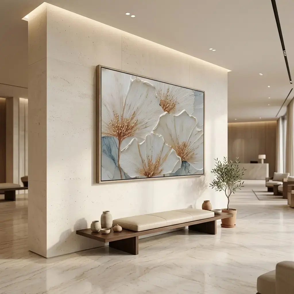 Modern interior with a large abstract floral painting on a wall, a bench, and decorative items.