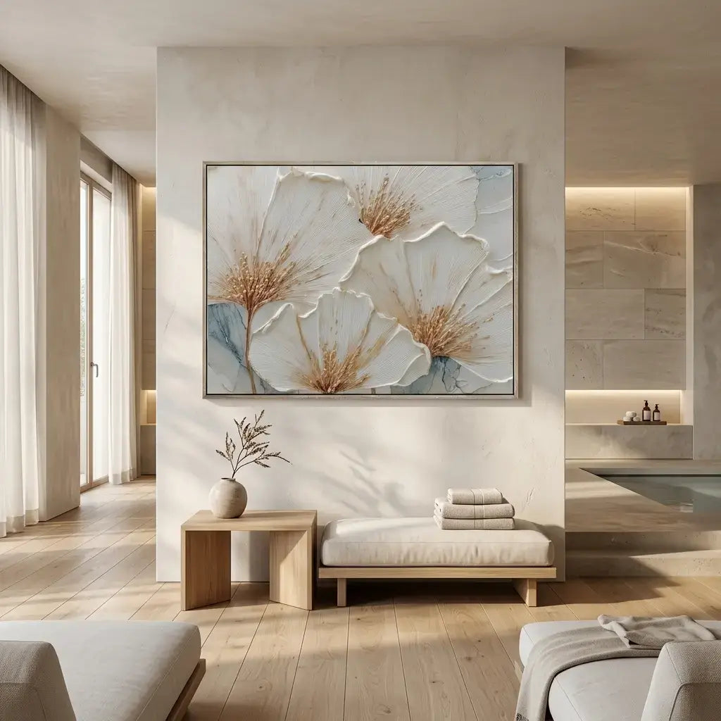 Modern interior with a floral painting on the wall, a bench, and a side table.