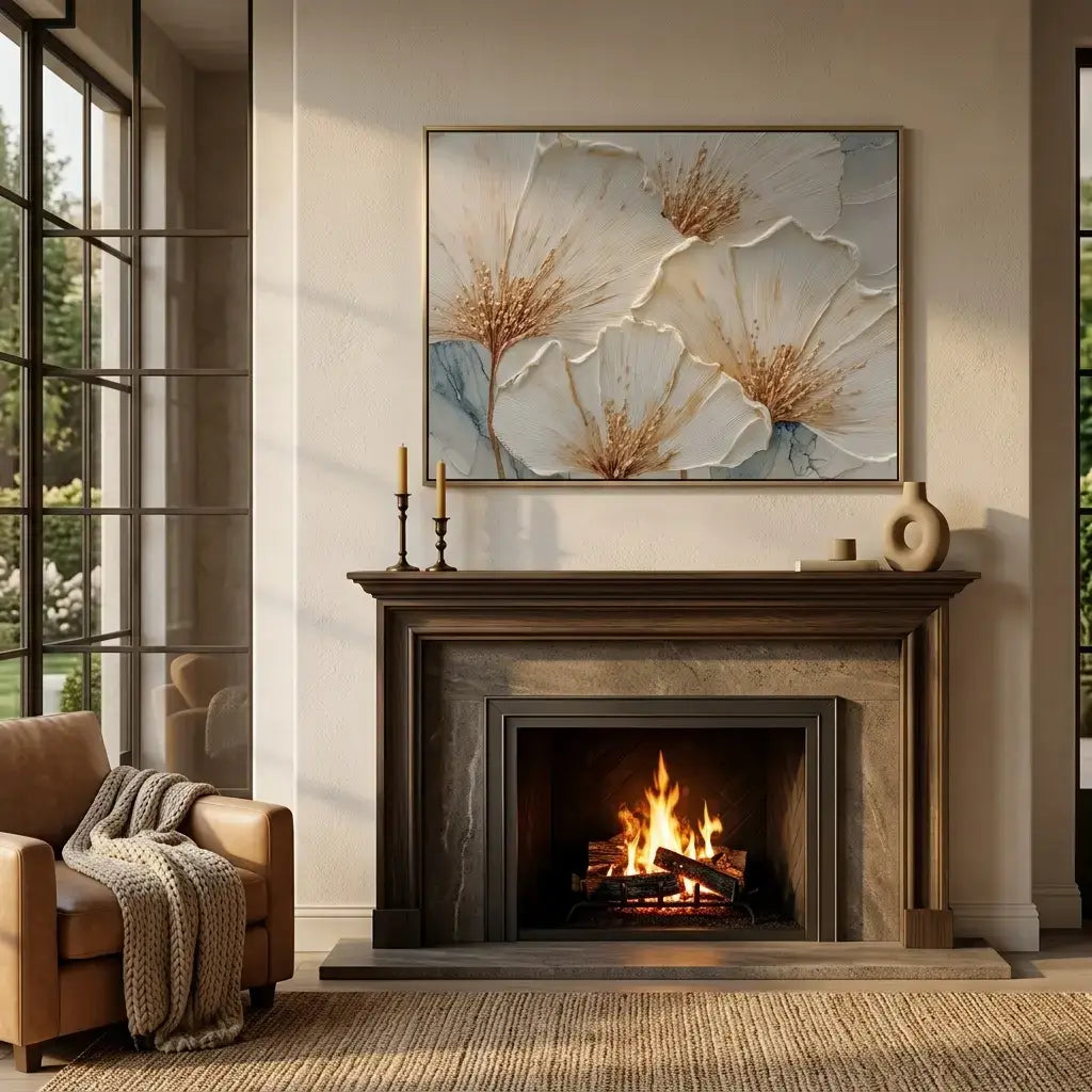 Living room with a fireplace, floral artwork above it, and a cozy armchair.