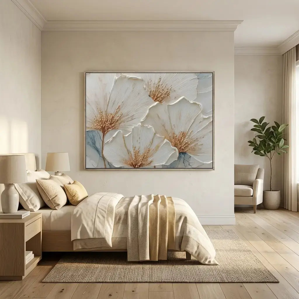 Modern bedroom with floral artwork on the wall, bed, and lamp.