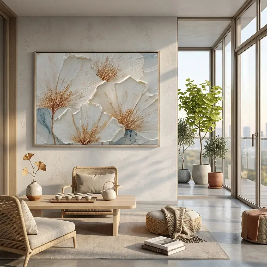 Modern living room with a large abstract painting, wooden coffee table, and decorative plants.