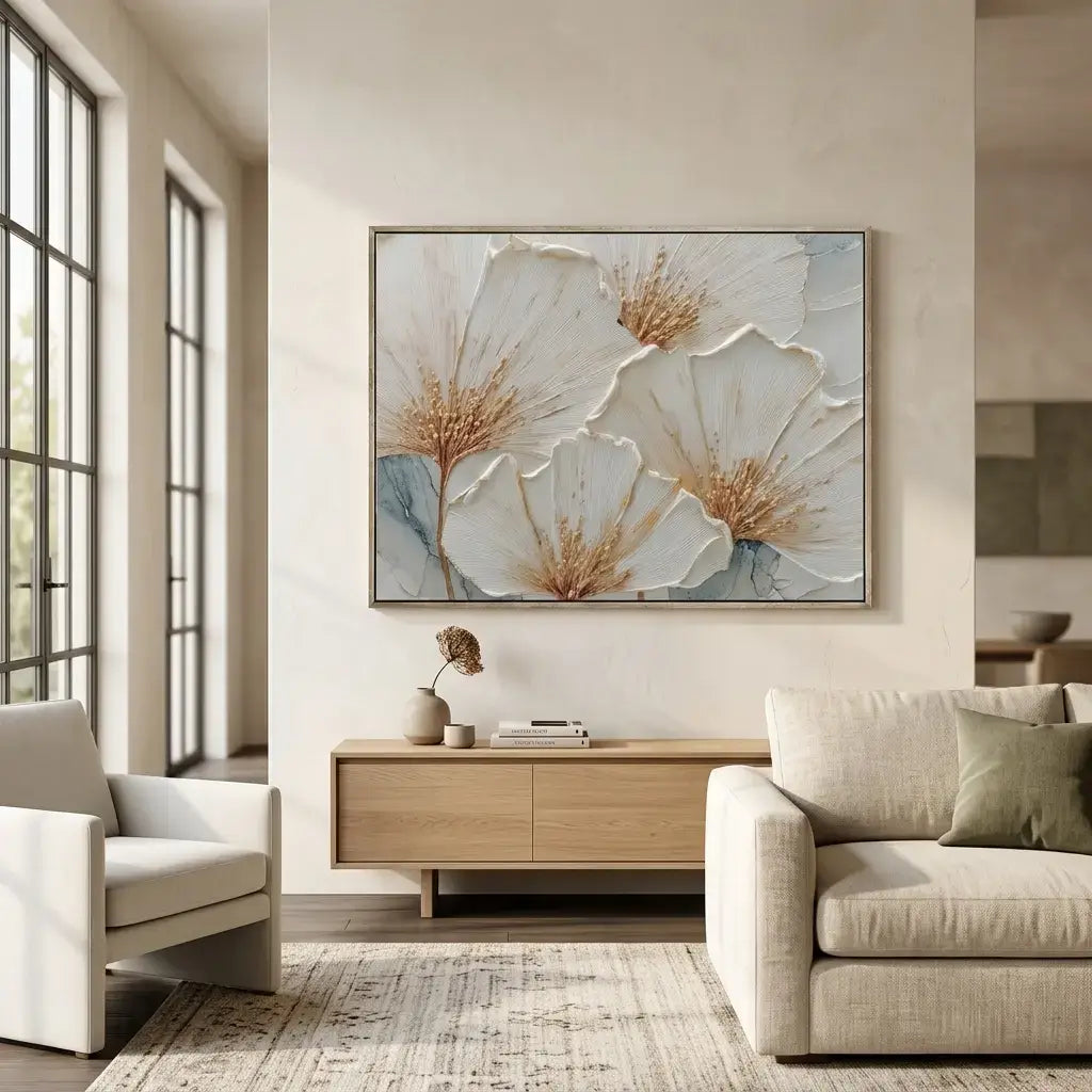 Modern living room with beige sofa, armchair, and abstract artwork on the wall.