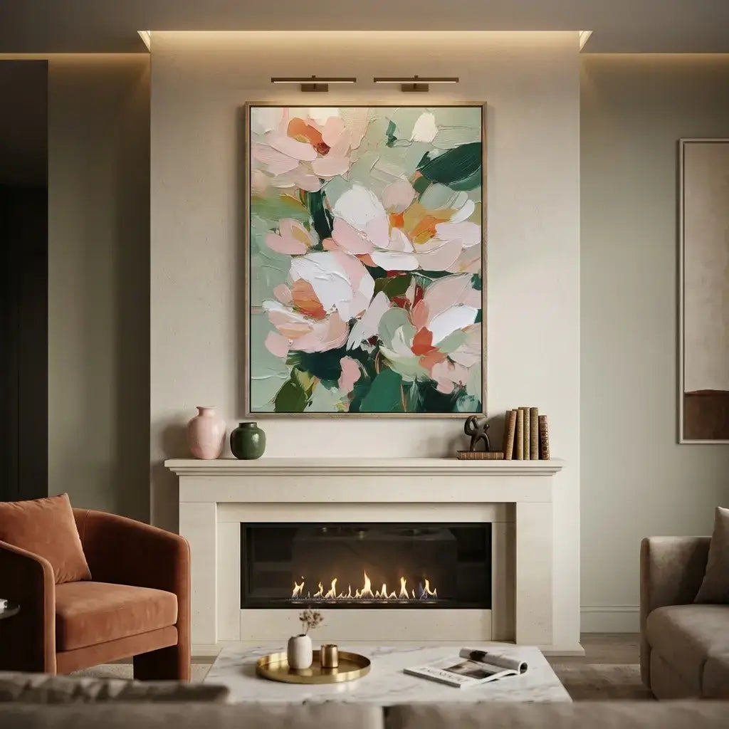 Living room with a fireplace, floral painting, and armchairs.