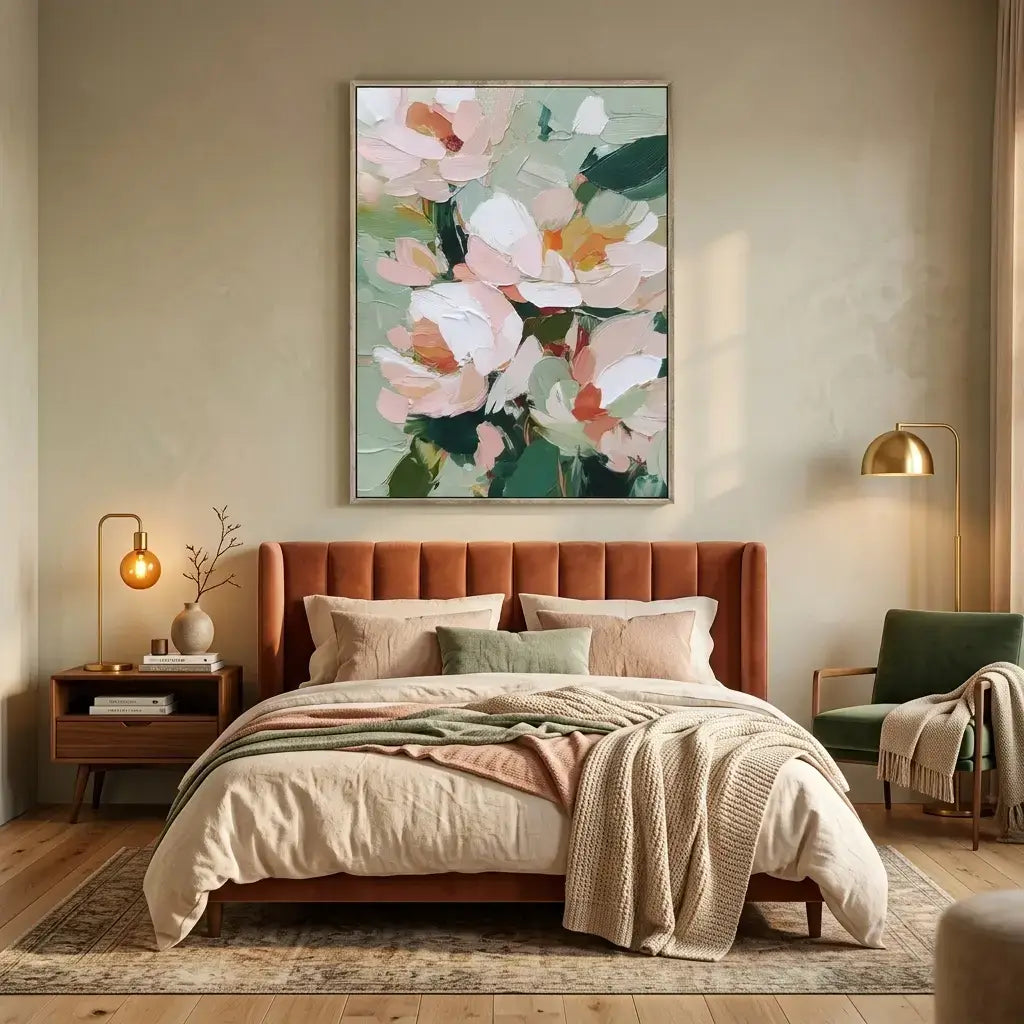 Cozy bedroom with floral artwork on the wall, brown upholstered bed, and wooden nightstands.