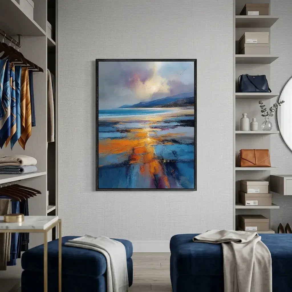 Abstract painting in a modern room with shelves and furniture