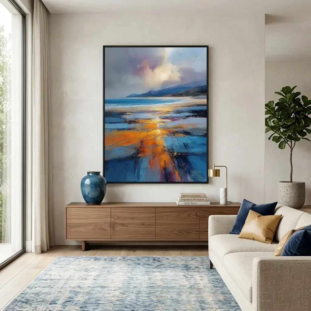 Modern living room with a large abstract painting, wooden sideboard, and decorative items.