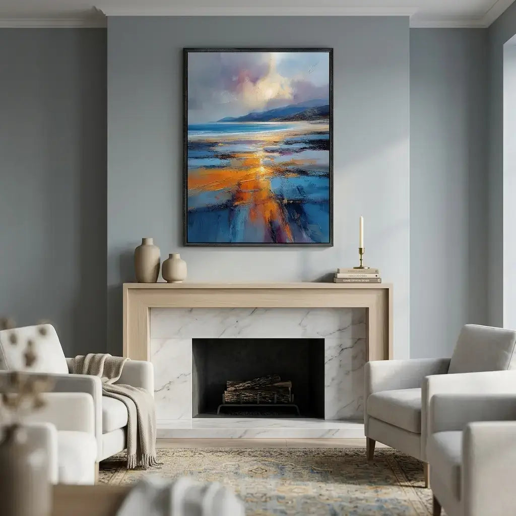 Living room with a fireplace, abstract painting, and comfortable furniture.