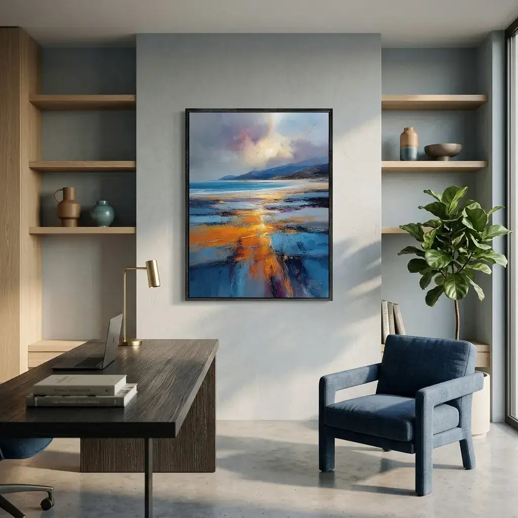 Modern office interior with a desk, chair, and abstract painting on the wall.