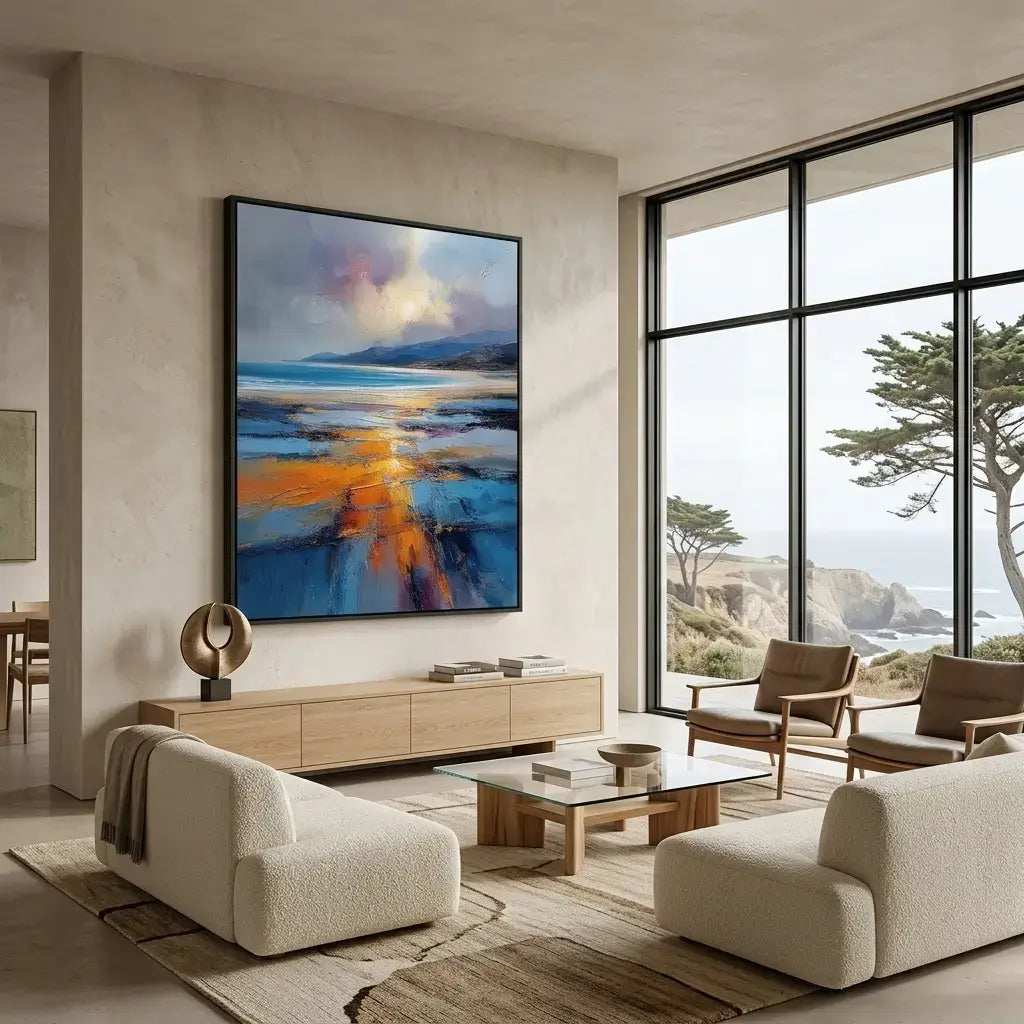 Modern living room with abstract painting, furniture, and large windows.